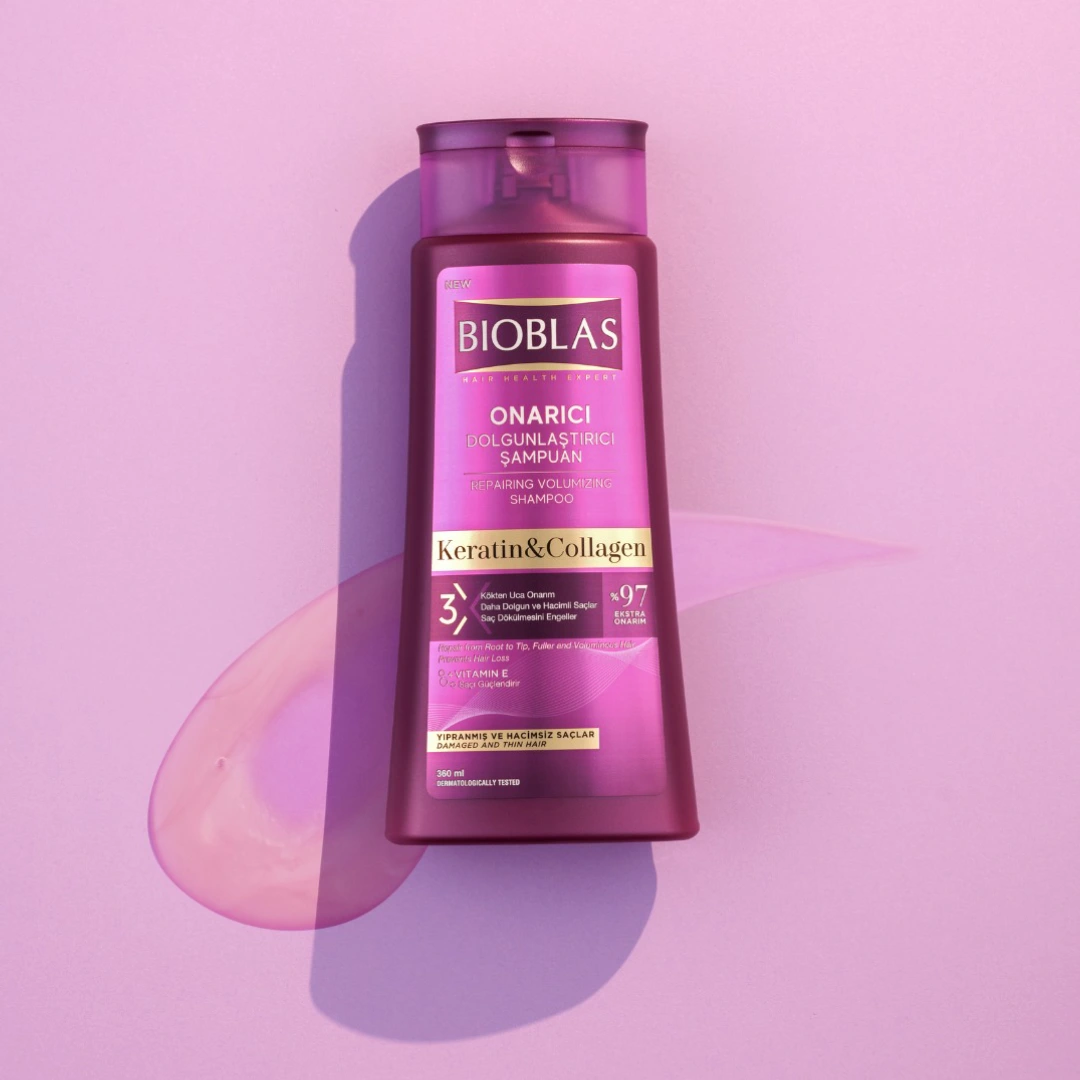 Keratin ve kolajen gücü şimdi Bioblas Onarıcı Dolgunlaştırıcı Şampuan’da! Saçlarını kökten uca onarır, dolgunluk kazandırır ve saç dökülmesine karşı koruma sağlar. ✨