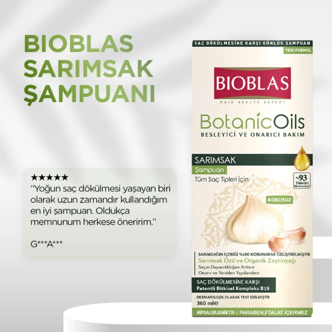 Bioblas Sarımsak Şampuanı, saç dökülmesine karşı etkili formülüyle saçlarını kökten uca besler ve güçlendirir🌿