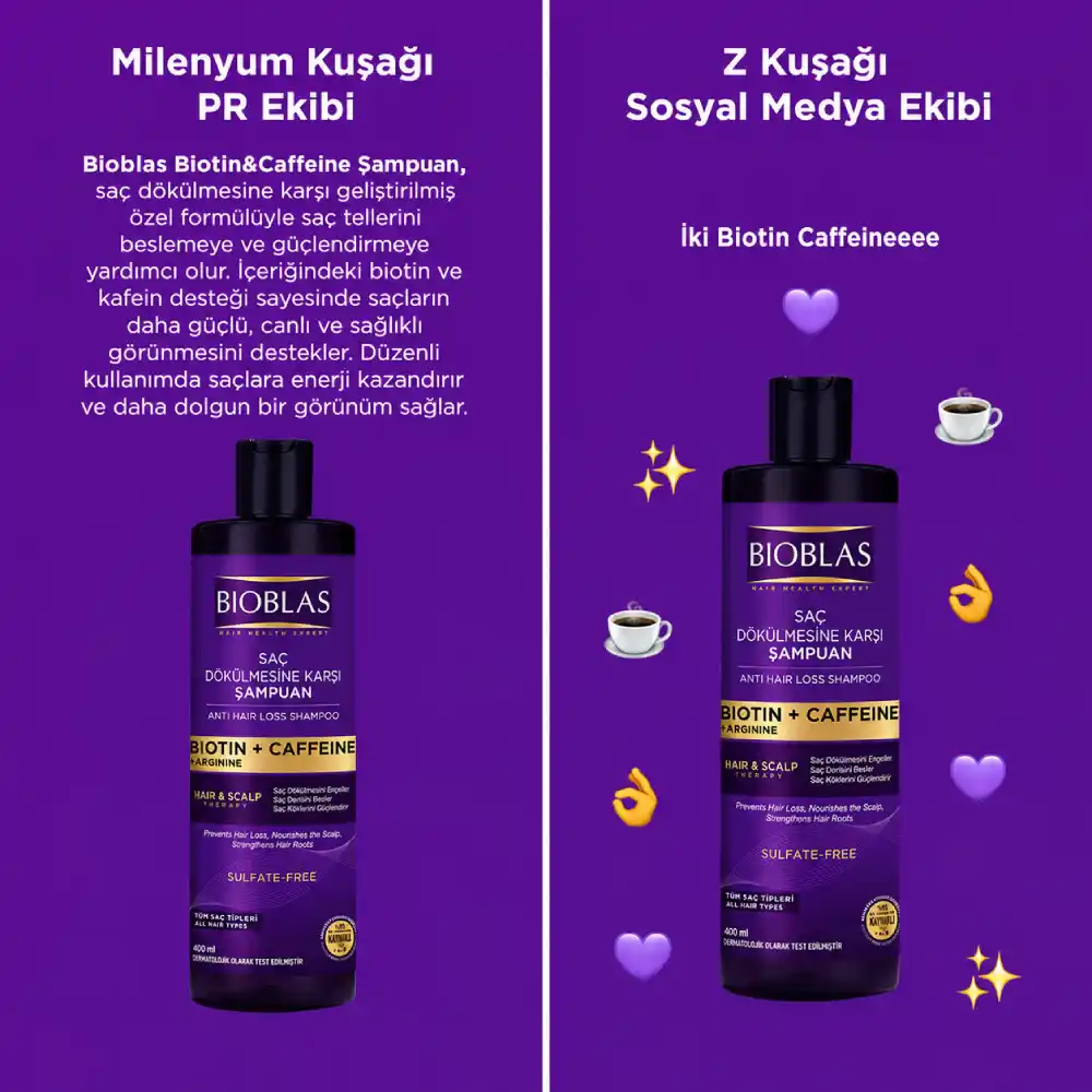 Bir tarafta satır satır açıklama… Diğer tarafta: “İki Biotin Caffeeineeee”